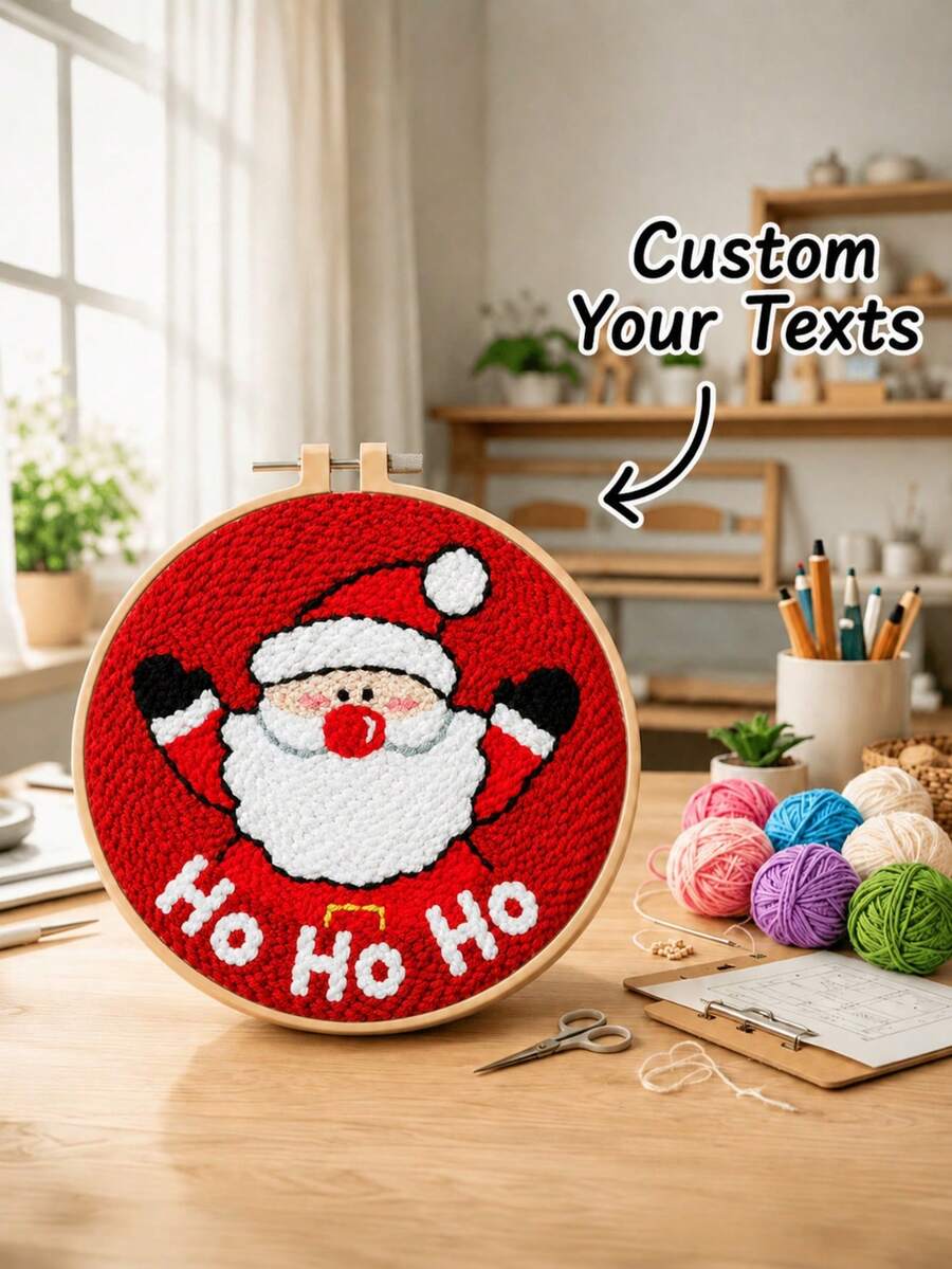 Customized Santa Claus Embroidery Hoop, DIY Punch Needle Embroidery Kit, Personalized Text Yarn Art, Handmade Holiday Craft, Personalized Christmas Wall Decor, Holiday Room Decoration, Unique Gift, DIY Punch Needle Design - Multicolor - View 1