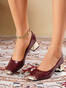 2026 New Lightweight Luxury Shiny Pleated Square Toe Low Vamp Closed Toe Design Chunky Heel 4.5cm Foot-Flattering Daily Casual Versatile Shoes - Burgundy - View 3
