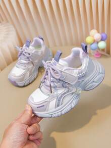 1 Pair Rhinestone Chunky Sneakers, Casual Sports Shoes, Running Shoes, White & Purple Color Block Fashion, Hook & Loop Easy On/Off, Thick Sole Non-Slip Casual Kids Shoes - White & Purple - View 2