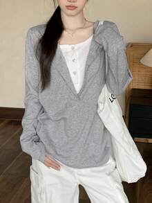 Women's 2 In 1 Long Sleeve T-Shirt, Niche Loose Slouchy Casual Design Top - Light Grey - View 1