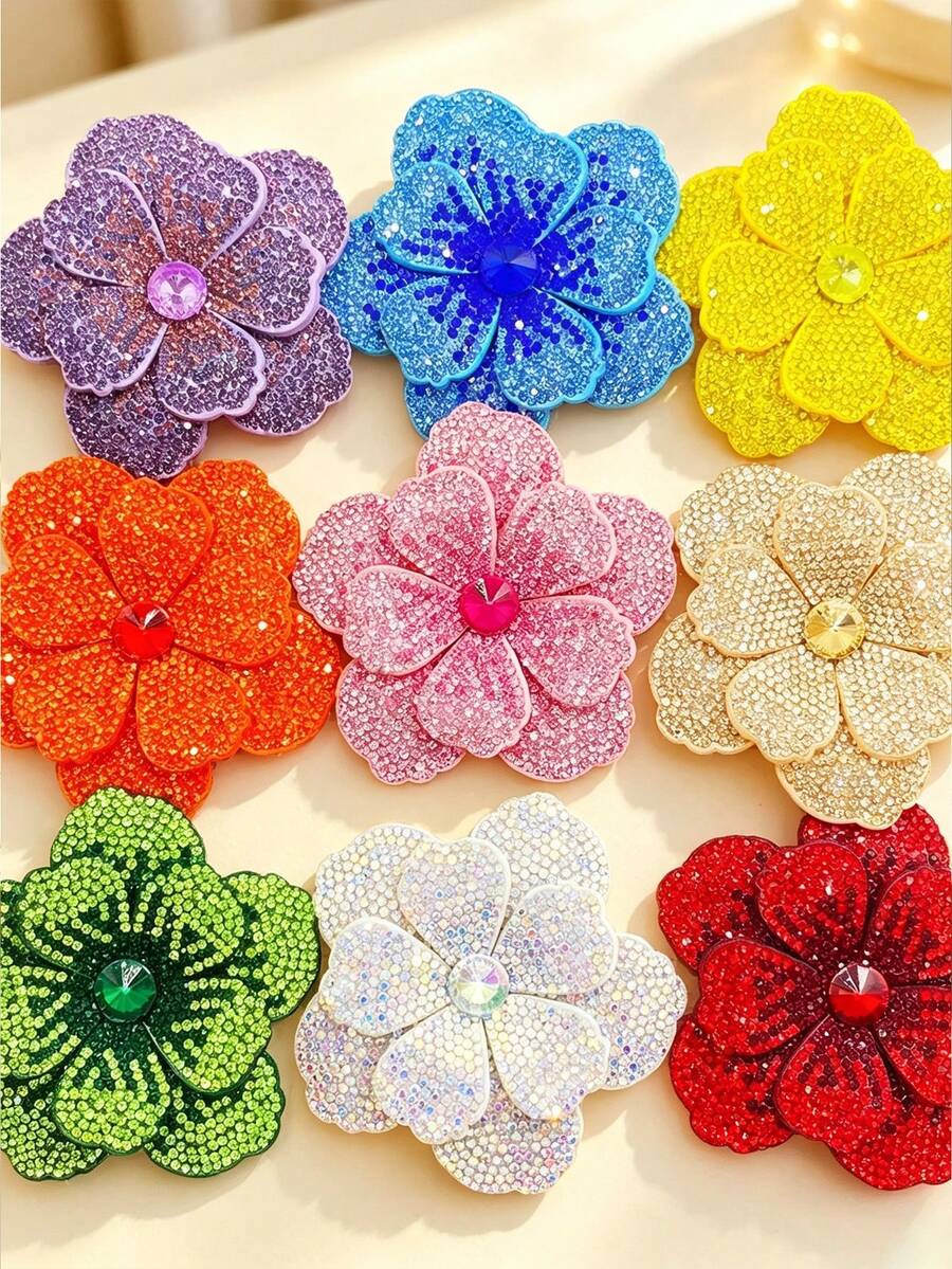 2/1pc Rhinestone Embellished Double Layer Five-Petal Flower Applique, Handmade Sew-On DIY Clothing Trim Accessory, Suitable For Shoes, Hats, Bags, Hair Accessories - Multicolor - View 1
