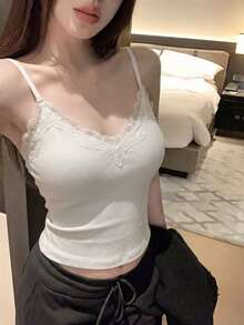 法式蕾絲內墊胸部吊帶背心 白色內搭上衣 休閒夏季款 - 白色 - 查看 1