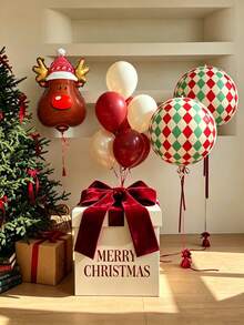 Christmas Reindeer And Plaid Pattern 4D Foil Balloon Set, Red Cream Latex Balloons, Reusable Balloons For Winter Christmas Holiday Home Party Background Decoration, - Christmas Reindeer - View 3
