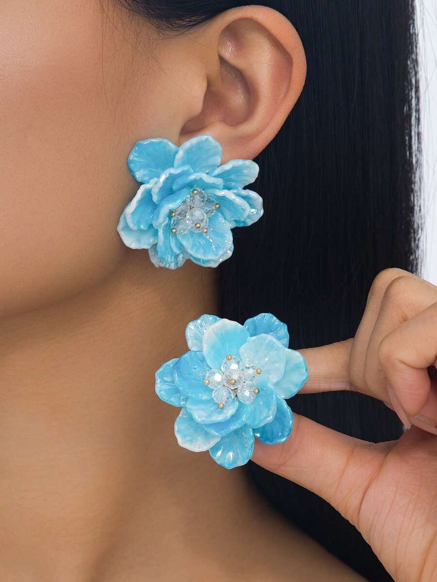 1對法式優雅夏季海灘度假風清新天藍色3D奢華花朵造型女款耳釘 - 藍色 - 查看 1