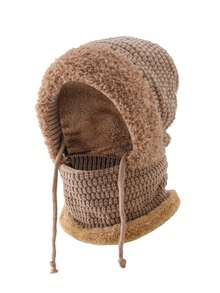 Winter Balaclava Hat For Women Men, Fleece Lined Knit 3‑In‑1 Warm Hooded Hat With Face Mask Neck Warmer, Windproof Drawstring Winter Hat For Outdoor Skiing Cycling - A - View 3