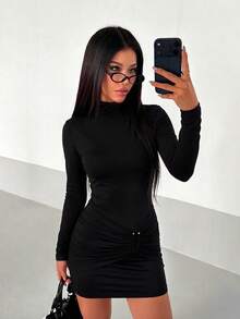 Autumn Solid Color Mock Neck Fitted Long Sleeve Ruched Mini Dress, Casual Basic Elegant Dress - Black - View 5