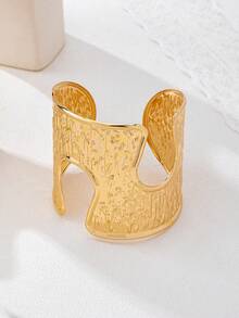 1pc European & American Fashion Wide Exaggerated Line Texture Asymmetrical Shape Premium Open Bangle - Gold - View 3