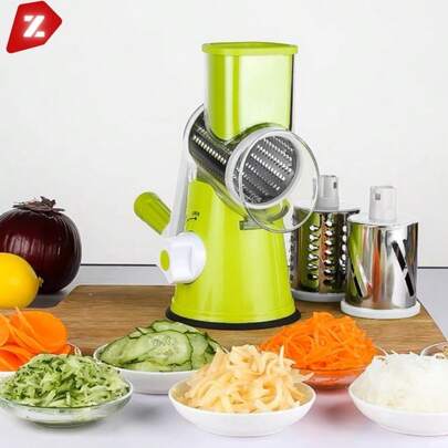 Ralador e Fatiador De Legumes Giratorio 3 Tambores Aco Inox Base Ventosa Trava