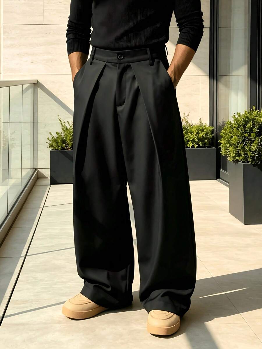 Men's Solid Color Semi-Elastic Waist Pleated Wide Leg Dress Pants, Loose Drape Casual Straight Leg Trousers - Black - View 1