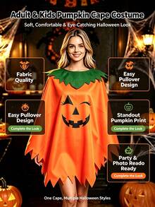 Halloween Pumpkin‑Print Parent‑Child Cape Set, Jagged Hem With Green Collar, Cosplay Costume For Holiday Party - Multicolor - View 9