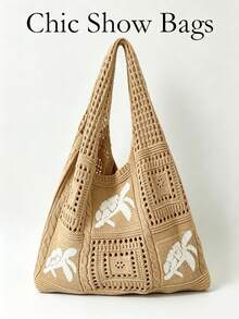Women's Crochet Beach Tote Bag, Turtle Pattern, Large Capacity Woven Handbag. Bohemian Style, Suitable For Beach, Vacation, Travel, Work And School. - Khaki - View 1