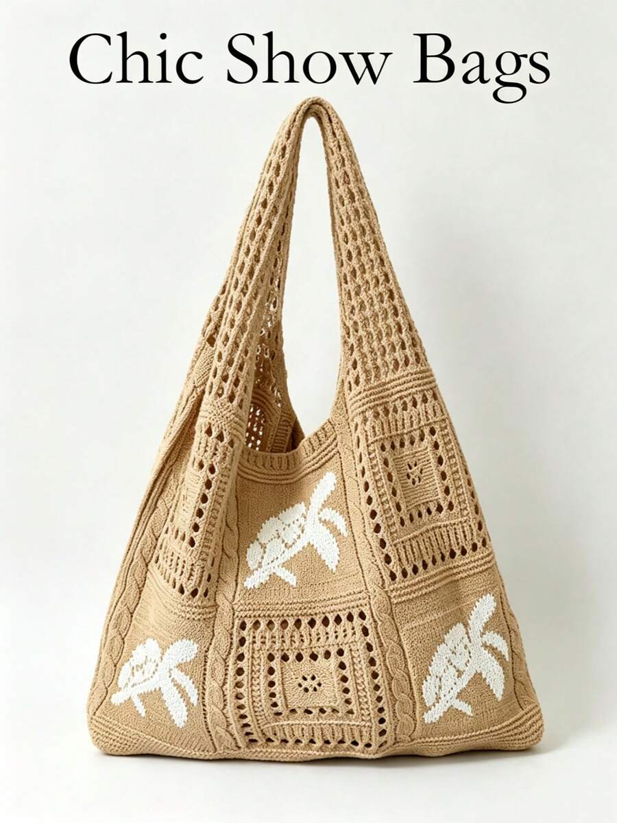 Women's Crochet Beach Tote Bag, Turtle Pattern, Large Capacity Woven Handbag. Bohemian Style, Suitable For Beach, Vacation, Travel, Work And School. - Khaki - View 1