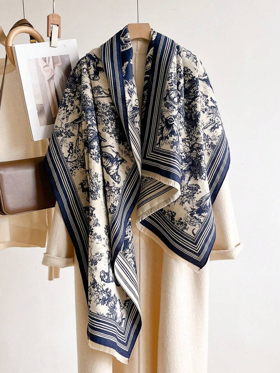 1pc Thick Retro Wildlife Forest Rectangular Scarf 65*185cm, Brushed Polyester Faux Cashmere Autumn Winter Multi‑Use Shawl For Travel Party & Headscarf - Multicolor - View 1