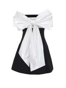 Autumn Bow Off-Shoulder Contrast Color Party Dress Elegant Dress For Dating - Black - View 4
