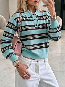 SEREN Sweater Rajut Bergaris Kerah Polo Baru untuk Wanita, Kardigan Lengan Panjang Musim Gugur, Cocok untuk Pakaian Sehari-hari Saat Beraktivitas - Mint Green - View 3