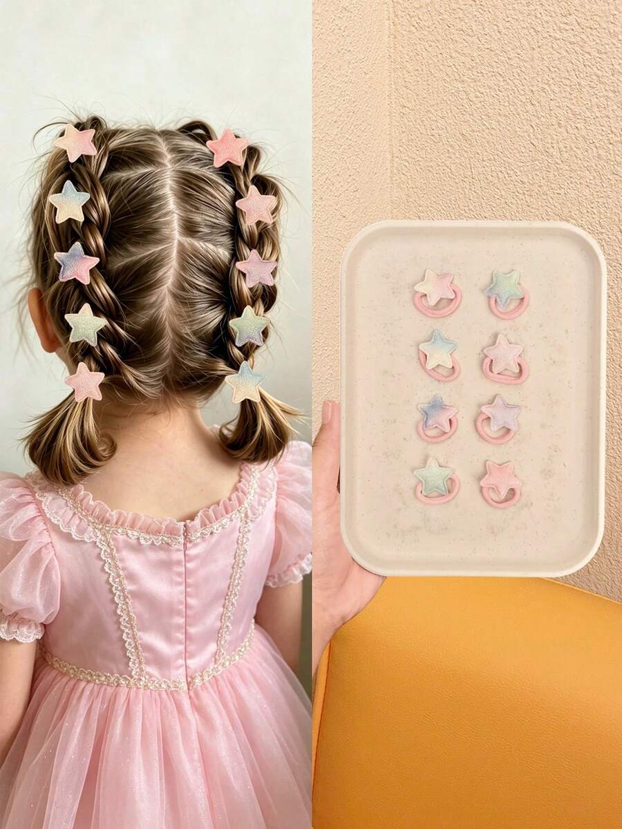 8pcs Random Iridescent Glitter Gradient Star Hair Ties, High Elasticity Soft Hair Bands For Girls, School Casual Sweet Versatile Hair Accessories - Multicolor - View 1