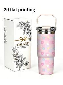 1pc/5pcs 30oz Macaron Color Plaid Floral Insulated Tumbler, Stainless Steel Material, With Handle, Straw And Leak-Proof Flip Lid, Soft Colorful Floral And Macaron Plaid Print, Birthday And Holiday Gift, Suitable For Travel, Work, Fitness And Daily Outdoor Use - Pink - Plaid Floral - View 2