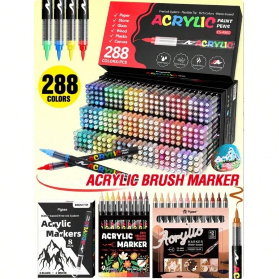 288/168/120/72/60/48/36/12pcs Liquid Acrylic Marker Set, Multicolor Soft Tip Watercolor Pens, Drawing, Art, Anime, Fine Art Supplies, Office Stationery, Markers, Outline Pens, Halloween, Christmas, Birthday Gifts