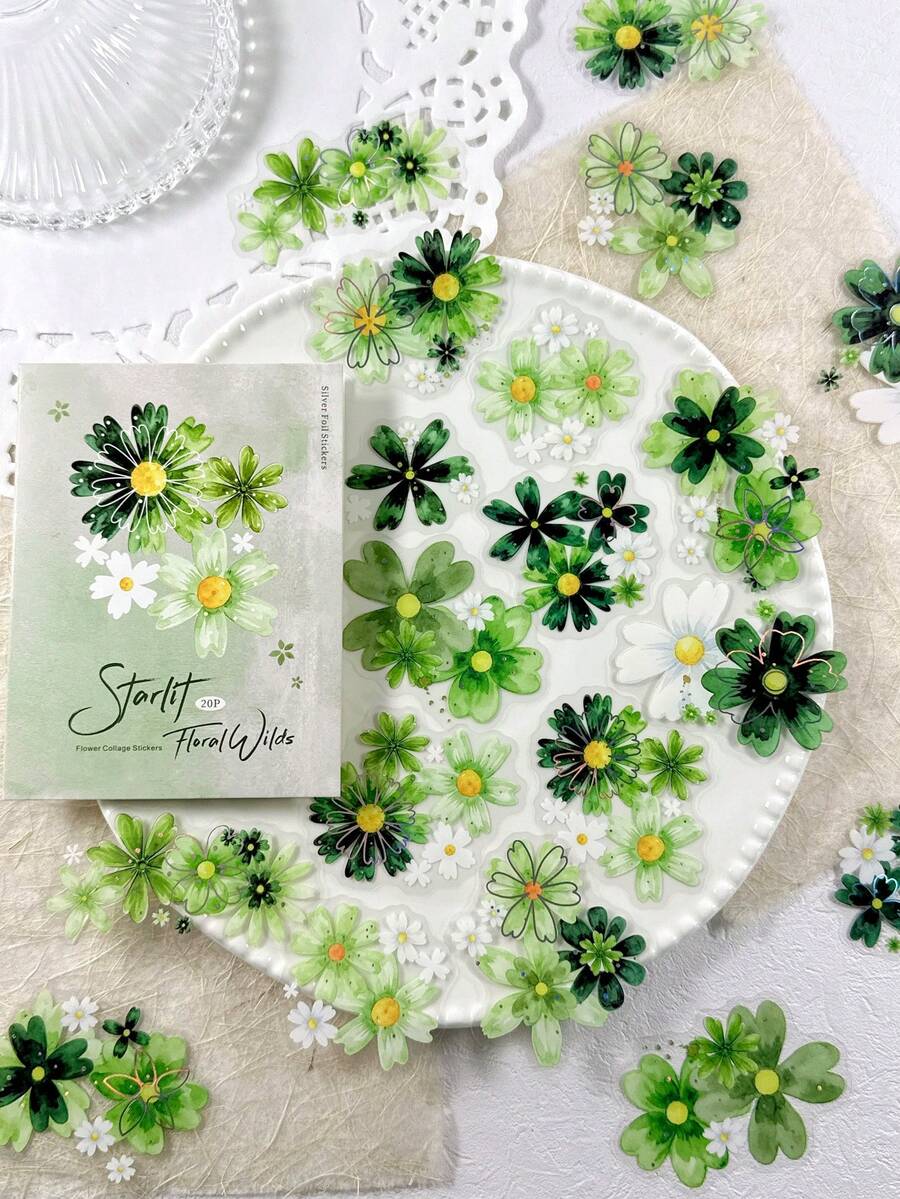 1 Pack 20pcs Vintage Silver Foil Floral Collage PET Stickers, DIY Scrapbooking Decoration Stickers For Planner, Photo Album, Scrapbook - Starlight Flower Field - View 1