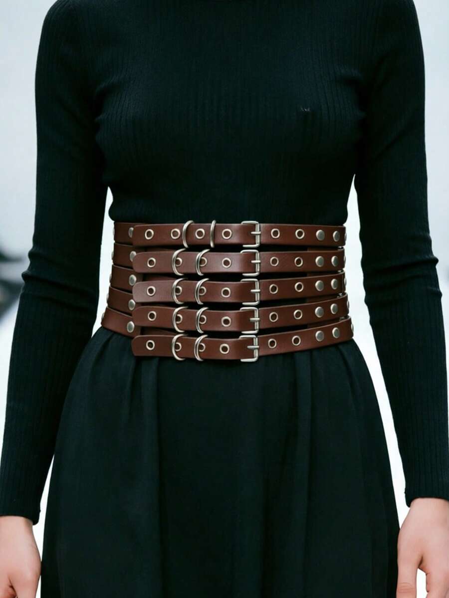 1pc Women's Coffee Color Punk Fashion Multi-Hole Metal Belt, Versatile Hollow Decorative Accessory - Brown - View 1