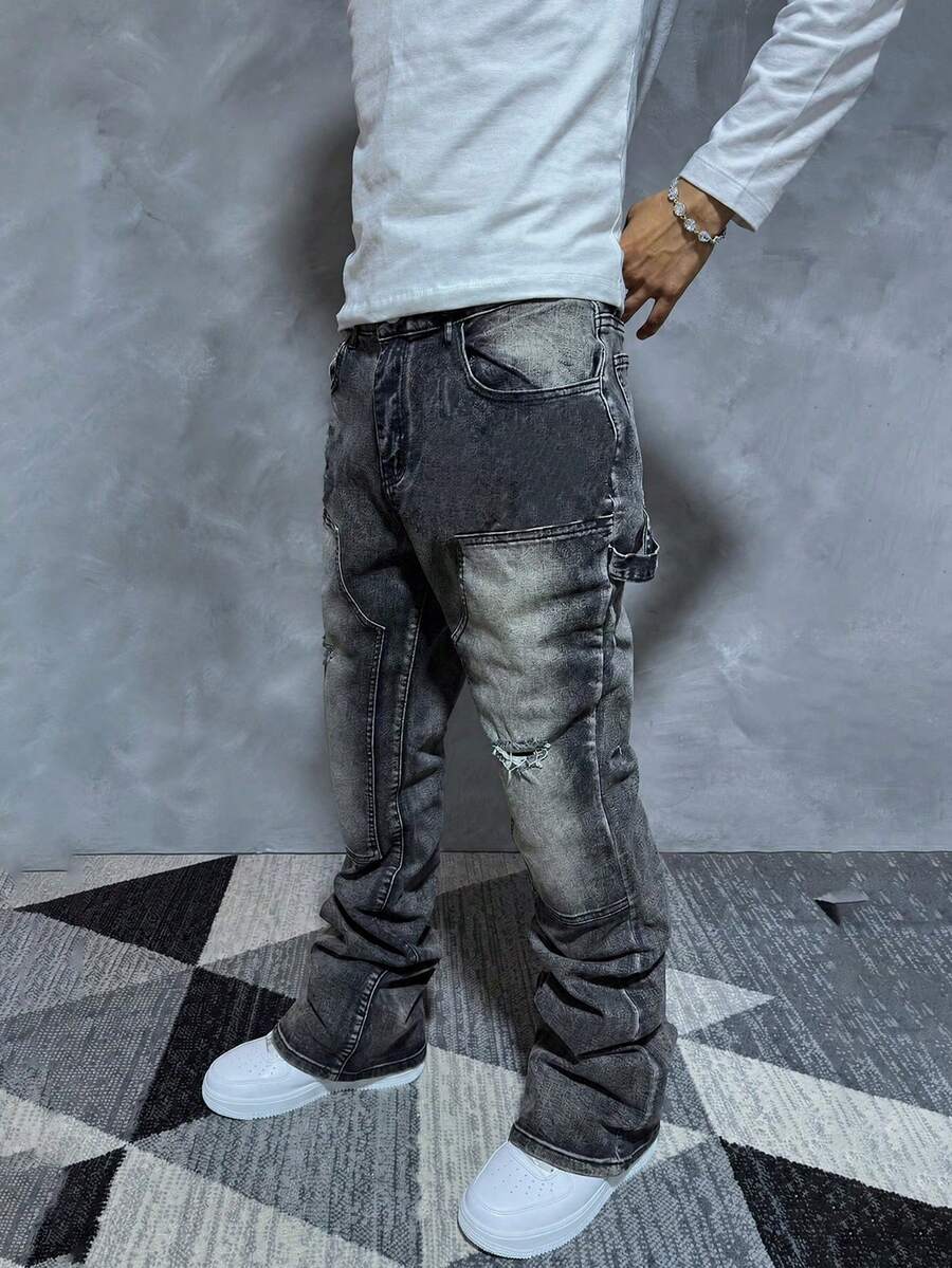 Patchwork Flared Washed Pure Black And Gray Elastic Patch Straight Loose High Street Korean Y2K Denim Jeans Fashion Men's Y2K Fashion Versatile Fashion All Season Wearable Washed Denim Contrast Jeans - Black - View 1