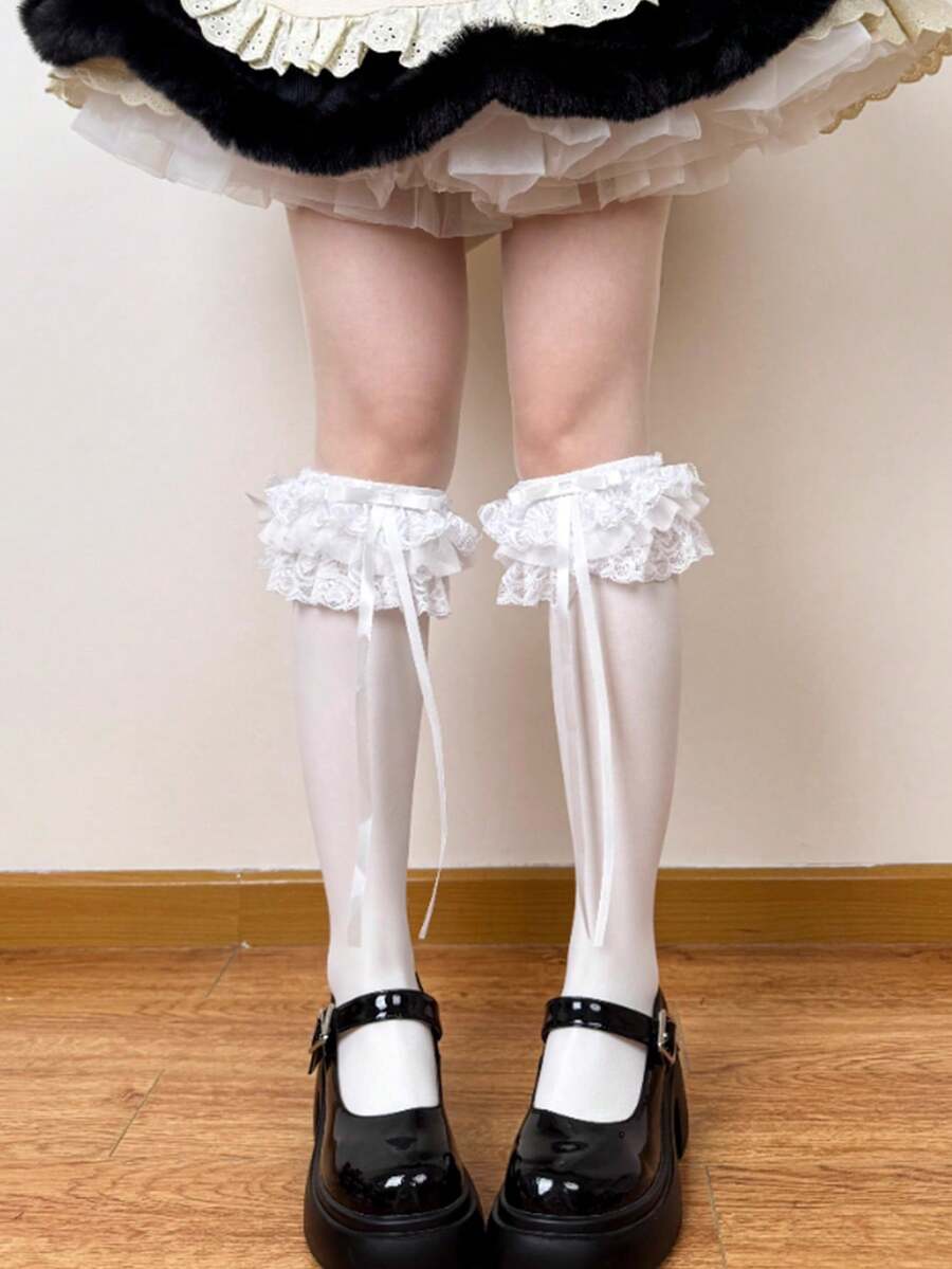 1雙女款多層蕾絲蝴蝶結小腿襪，JK鬆垮襪 - 白色 - 查看 1