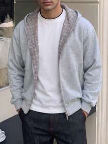 Men's Heather Grey Plaid Lined Zip Up Hoodie Sweatpants Set, Loose Casual Two Pieces Tracksuit Outfit - Grey - View 3