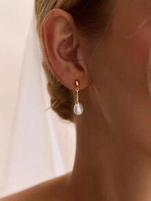 1 Pair Water Drop Pearl Earrings, 14K Gold Plated, Bridal Wedding Accessory, Suitable For Holiday Gift - Gold - View 7
