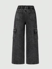 Girls Casual Loose Denim Long Pants, Straight Leg Cargo Pants With Flap Pockets And Contrast Stitching Details, Suitable For Spring/Summer Y2K Vintage Street Style Retro Washed 2000s Denim Cargo Pants - Black - View 3