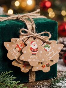 98pcs Vintage Christmas Tree Shaped Slogan Pattern Gift Tags With Rope, Santa Claus And Snowman Pattern Paper Gift Decoration Labels, Suitable For Christmas Party Gifts, Christmas - Multicolor - View 4