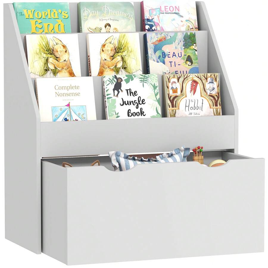 Kinderboekenkast met meerdere opbergvakken, 3 planken en een lade, 62,5L x 30B x 70H cm, grijs - A - Bekijken 1