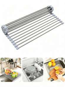 Foldable Sink Drying Rack, With Stainless‑Steel Poles And Silicone Edging. Available In Multiple Sizes And Colors, Heat‑Resistant, For Draining Tableware. It Can Be Rolled Up For Storage After Use To Save Kitchen Space. - Multiple Specifications - View 10