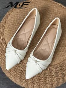 WHDXY 1 Pasang Sepatu Flat Wanita Warna Polos Model Slip-On dengan Simpul Ujung Lancip untuk Kerja/Kantor, Nyaman untuk Semua Musim - Putih - View 1