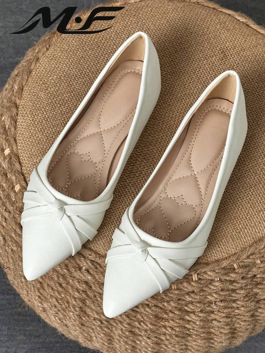 WHDXY 1 Pasang Sepatu Flat Wanita Warna Polos Model Slip-On dengan Simpul Ujung Lancip untuk Kerja/Kantor, Nyaman untuk Semua Musim - Putih - View 1