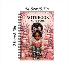 1Pc Cute Afro Girl Book Lover Spiral Notebook, Pink Floral & Stack Of Books Design, A5 21x14.5cm Wirebound Paper Journal For Writing & School Notes, 30 Sheets (60 Pages) Gift For Students & Kids - Rectangle - View 2