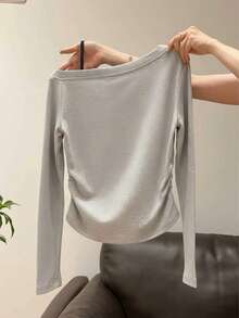 Minimalist Elegant Asymmetrical Shoulder T-Shirt For Women, Drawstring Ruched Waist, Slimming Elegant Long Sleeve Base Layer Casual - Light Grey - View 3