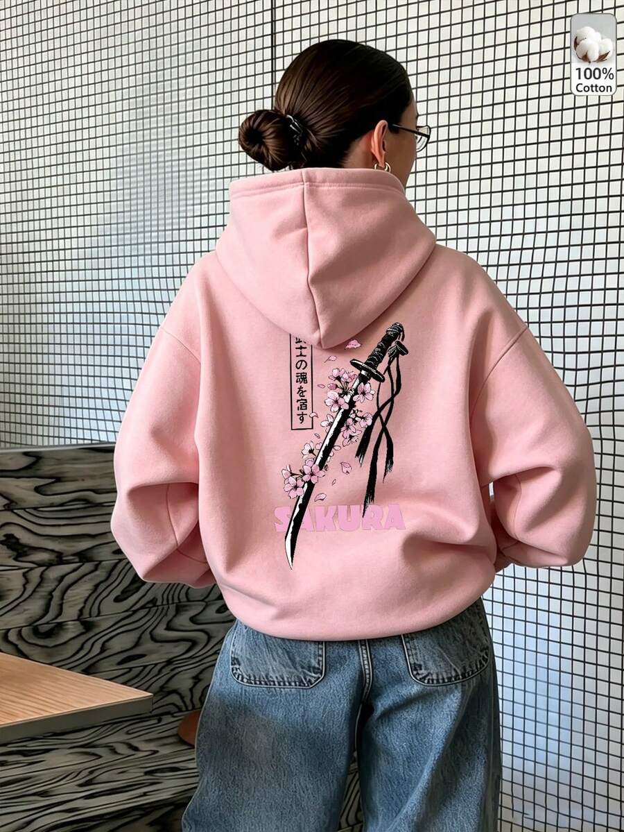 Autumn/Winter Women's Hooded Long Sleeve Sweatshirt, Cherry Blossom Samurai Sword Print, Casual Party Sporty Women's Top, Y2K Street Style Hoodie - Meat Powder - View 1