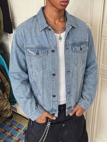 Men's Light Blue Denim Jacket, American Western Style Graphic, White Ink Direct-To-Garment Print, Y2K Style - Light Denim Blue - View 4