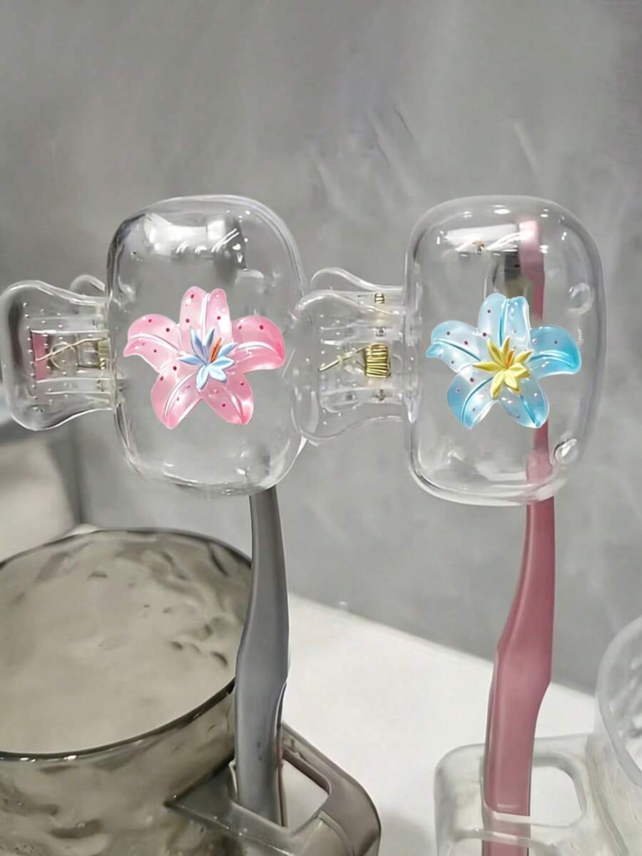 Transparent Lily Toothbrush Storage Set, Toothbrush Storage Box And Toothbrush Rack, Dustproof Storage Rack, Gift For Couples, Friends, Family, Teachers, Travel Enthusiasts, Home, Dorm, Vacation Essentials, Suitable For Birthday Gift, Back To School Gift, Wedding Accessory, Halloween And Christmas Gift
