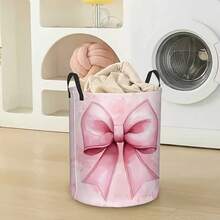 1pc Soft Pink Watercolor Bow Print Foldable Laundry Basket With Handles, Large Capacity Storage Bin For Bedroom Clothes Toys Organizer, Cute Home Storage Container - Pink - View 5