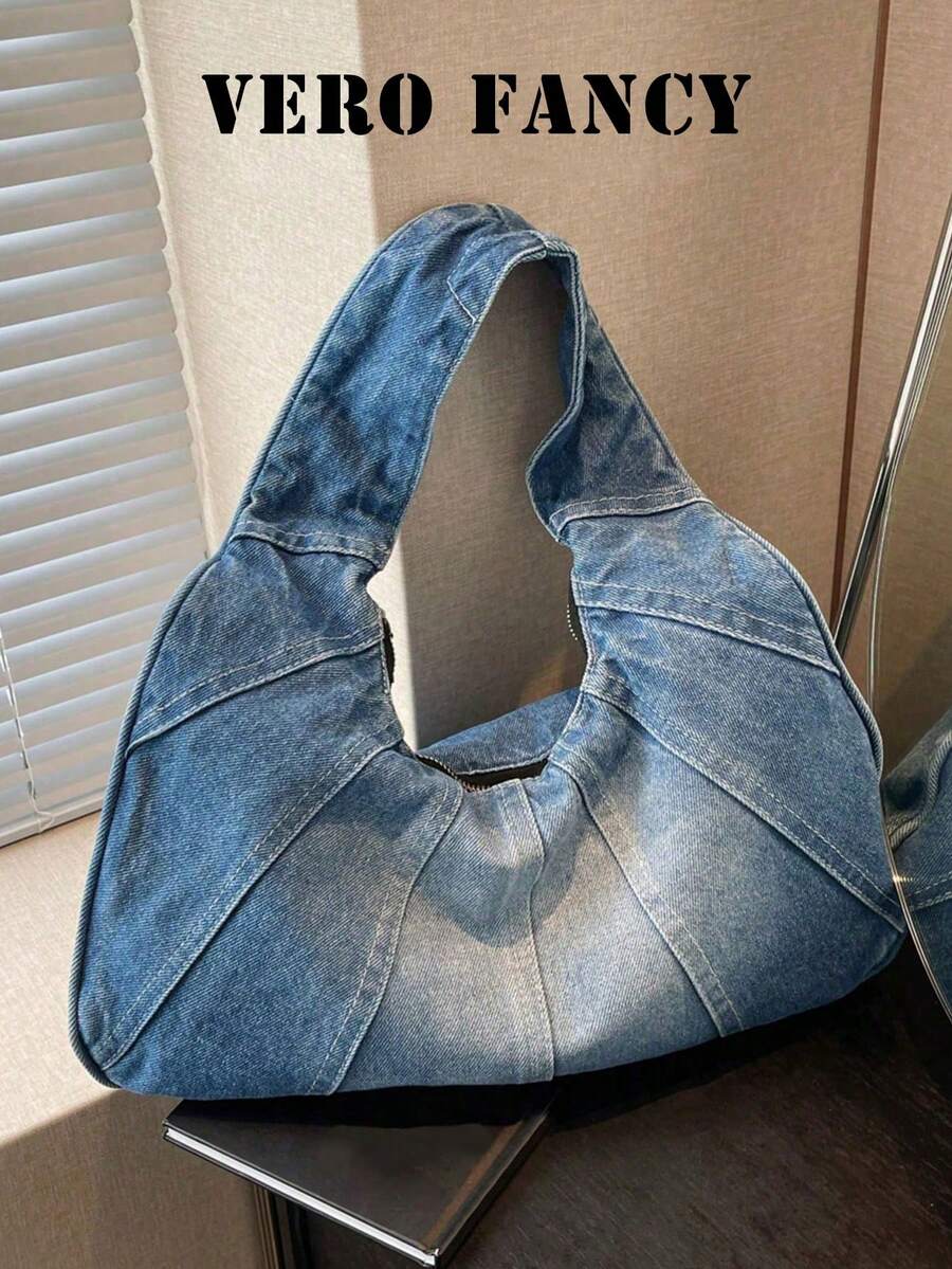 New Arrival Ladies Shoulder Bag, Popular Crescent-Shaped Cowhide Jean Fabric Handbag, Large Capacity Crossbody Bag For Commuting And Casual Occasions.