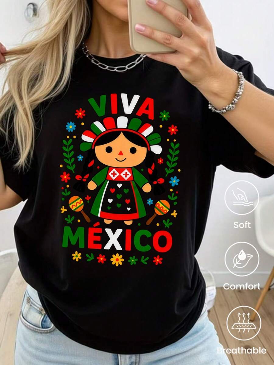 Camiseta de manga corta con estampado Día de la Independencia, primavera-verano-otoño, 1ud. Unisex pareja, cuello redondo, para oficina, ocio y deporte. Top Y2K divertido. - Negro - Ver 1