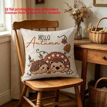 1pc/2pcs Autumn Cartoon Hedgehog & Acorn Faux Embroidery Pillow Case, 2D Printed Non-Embroidered, Cute Cartoon Style Polyester Square Single-Sided Zipper Closure Cushion Cover Without Pillow Insert, Suitable For Daily Home, Sofa, Bed, Bedroom, Living Room, Cafe, Exhibition Hall, Decorative Pillowcase, Daily Holiday Party Decoration - Brown - View 5