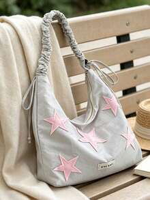 Tas Tote Satu Bahu Motif Patchwork Bintang, Desain Tali Berkerut, Tas Wanita Kasual yang Cerah, Cocok untuk Sekolah Sehari-hari, Belanja, Kencan, Perjalanan, dan Pakaian Modis. - Grey - View 6