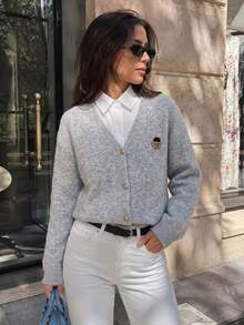 JIANHU V-Neck Knit Cardigan With Hedgehog Embroidery Decor - Comfortable Button-Up Sweater, Suitable For Christmas And Holiday Wear - Beige - View 1