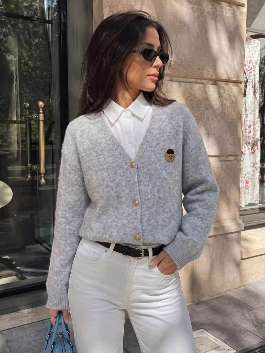 JIANHU V-Neck Knit Cardigan With Hedgehog Embroidery Decor - Comfortable Button-Up Sweater, Suitable For Christmas And Holiday Wear - Beige - View 1