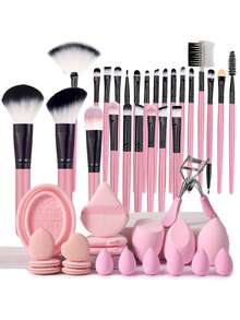 45Pcs All‑In‑One Makeup Tools Set,25Pcs Makeup Brushes,3Pcs Makeup Sponges,6Pcs Mini Makeup Sponges,6Pcs Finger Powder Puffs,3Pcs Triangle Powder Puffs,1Pc Brush Cleaning Bowl,1Pc Eyelash Curler - Multicolor - View 1