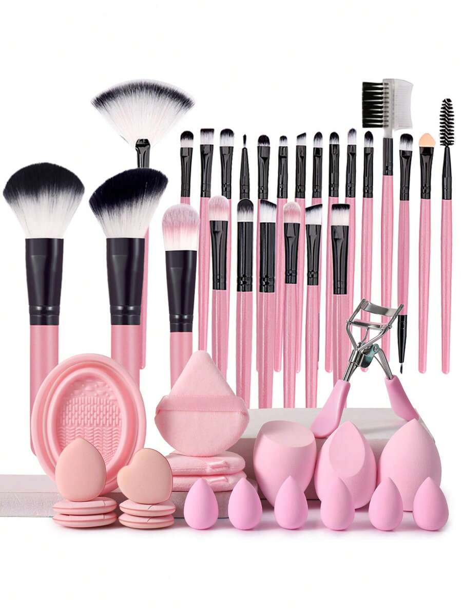 45Pcs All‑In‑One Makeup Tools Set,25Pcs Makeup Brushes,3Pcs Makeup Sponges,6Pcs Mini Makeup Sponges,6Pcs Finger Powder Puffs,3Pcs Triangle Powder Puffs,1Pc Brush Cleaning Bowl,1Pc Eyelash Curler - Multicolor - View 1