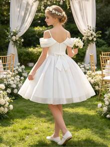 Tween Girls Fashionable Off-Shoulder Evening Gown For Baptism, Bridesmaid, Wedding, Prom, Elegant Princess Birthday Party, Graduation Ceremony, Performance - White - View 1