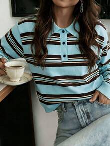 SEREN Sweater Rajut Bergaris Kerah Polo Baru untuk Wanita, Kardigan Lengan Panjang Musim Gugur, Cocok untuk Pakaian Sehari-hari Saat Beraktivitas - Mint Green - View 1
